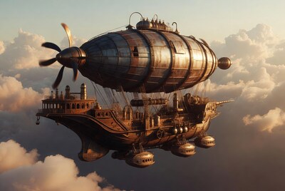 Steampunk Airship Flying in Clouds