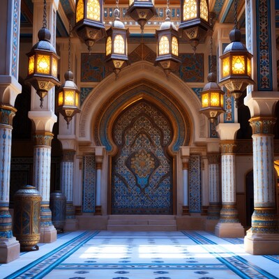 Ornate Moroccan Courtyard with Hanging Lanterns