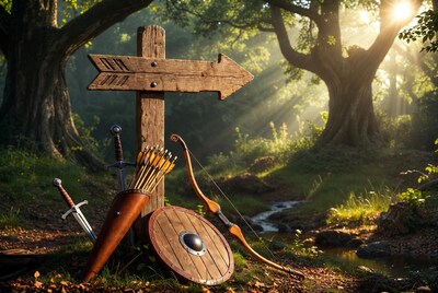 Wooden Arrow Sign with Swords in Forest