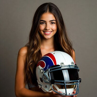 Smiling woman holding football helmet
