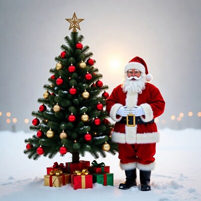 Santa Claus beside Christmas tree