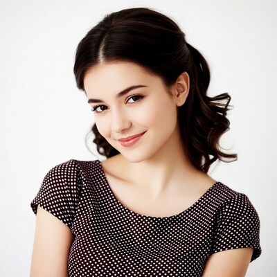 Smiling woman in polka dot top
