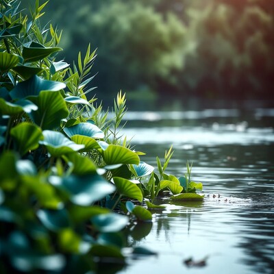 Lush green water lilies by river