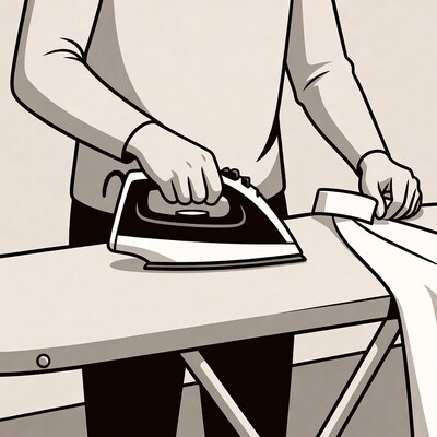 Man ironing shirt on ironing board