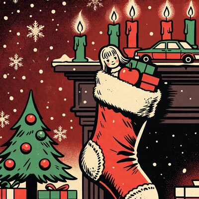 Girl peeking from Christmas stocking
