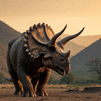 Triceratops roaring in sunset mountains