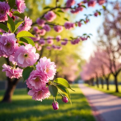 Pink Cherry Blossoms Along Pathway
