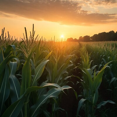 Sunset over cornfield path