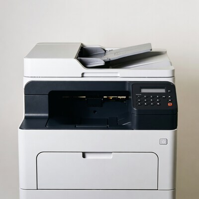 White multifunction printer on white background