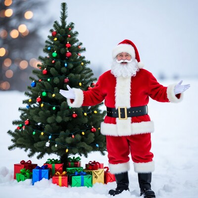 Santa Claus with Christmas tree and gifts