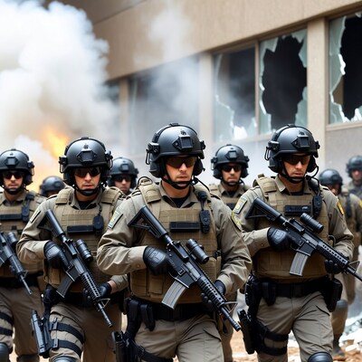 SWAT team advancing through smoke