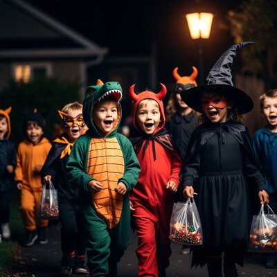Kids trick-or-treating in costumes at night