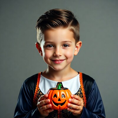 Boy holding jack-o-lantern pumpkin