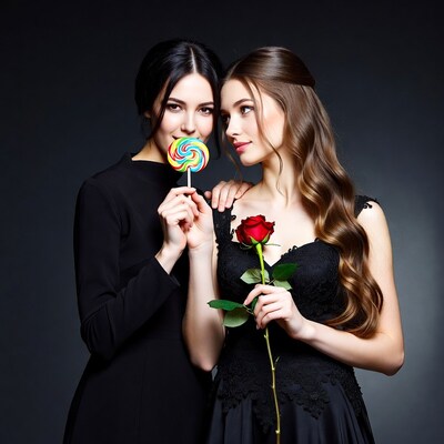 Two women with lollipop and rose