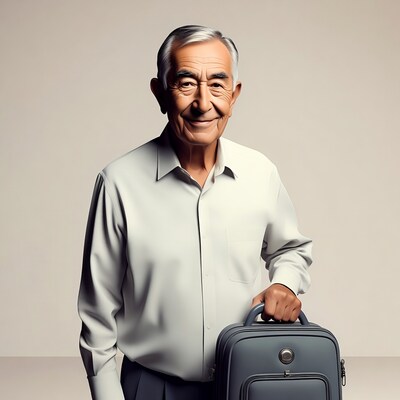 Elderly man holding gray briefcase