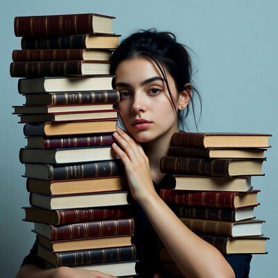 Woman peeking over stack of books