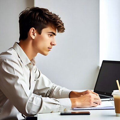Young man working on laptop with notebook