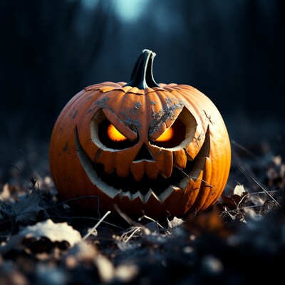Jack-o-lantern in dark forest