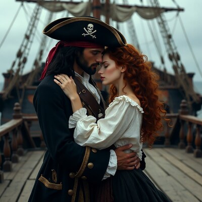 Pirate man embracing redhead woman on ship