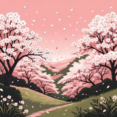 Cherry Blossom Valley Illustration