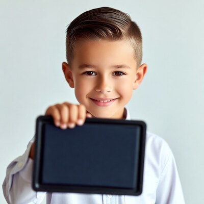 Boy holding blank blackboard
