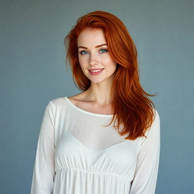Redhead woman smiling in white dress