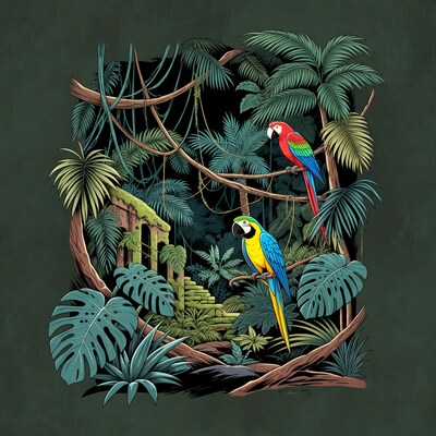 Colorful Parrots in Jungle Ruins