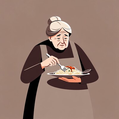 Elderly woman eating spaghetti