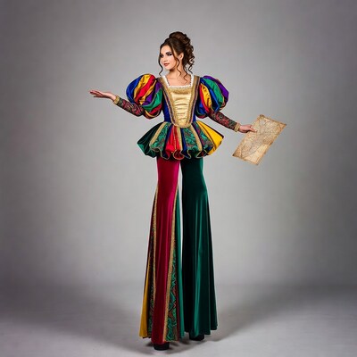 Woman in colorful Renaissance costume holding map