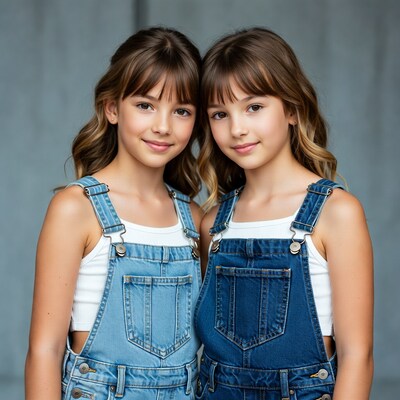 Twin girls in denim overalls
