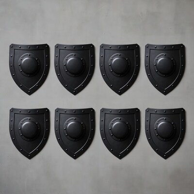 Eight Black Medieval Shields on Wall