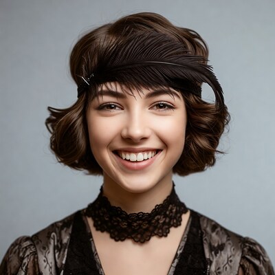 Smiling woman in 1920s flapper outfit