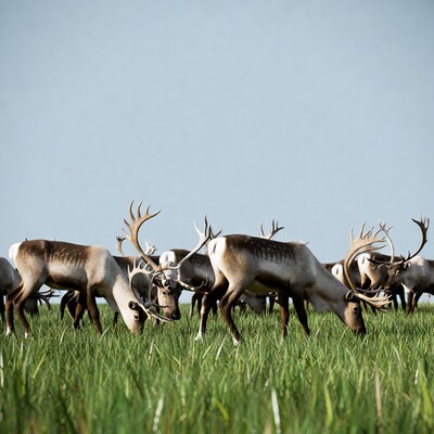Herd of Reindeer Grazing in Grass