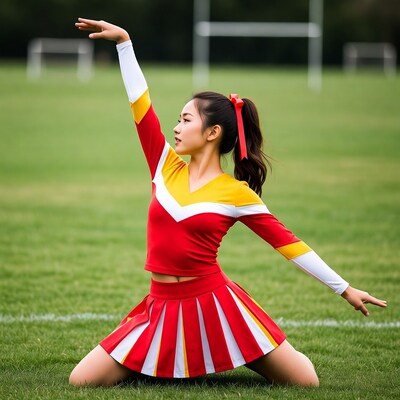 Asian cheerleader posing on grass field