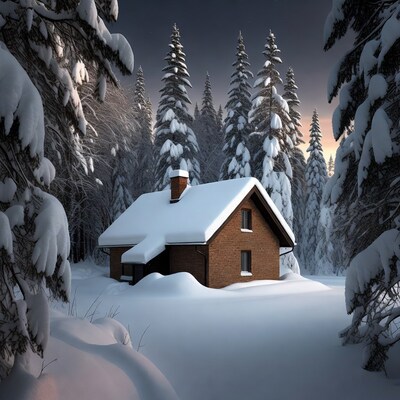 Snowy Cabin in Pine Forest
