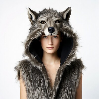 Woman wearing wolf fur hood