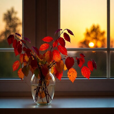 Red autumn leaves in vase by sunset window