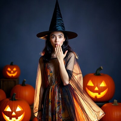 Asian woman in witch hat with pumpkins
