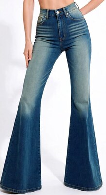 Woman wearing high-waisted flared jeans