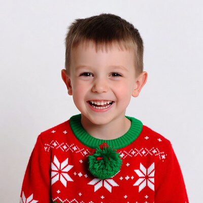Boy smiling in red Christmas sweater