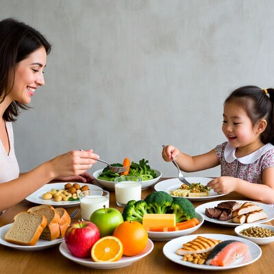 Asian mother and daughter eating healthy meal