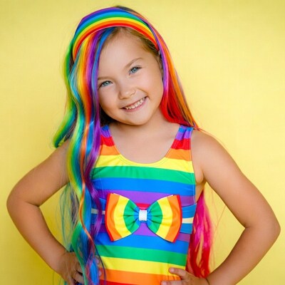 Girl with rainbow hair in swimsuit