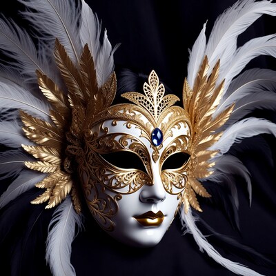 Gold White Feather Masquerade Mask