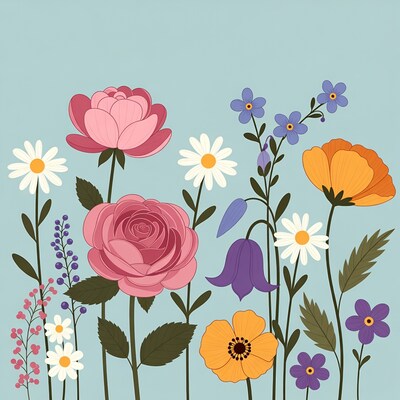 Colorful Flowers Illustration on Blue Background