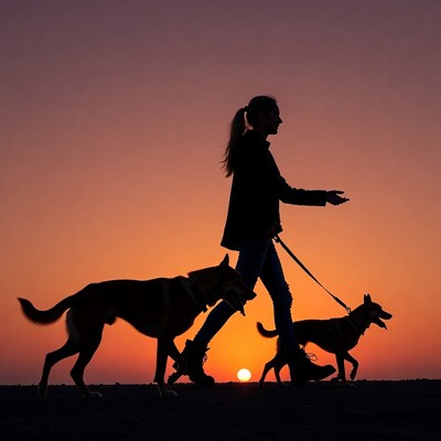 Woman walking dogs at sunset silhouette