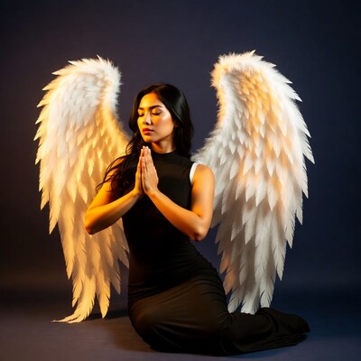 Asian woman with angel wings praying