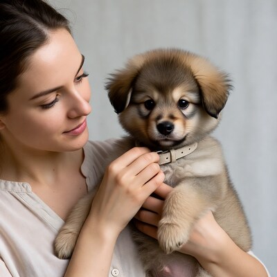 Woman holding fluffy puppy