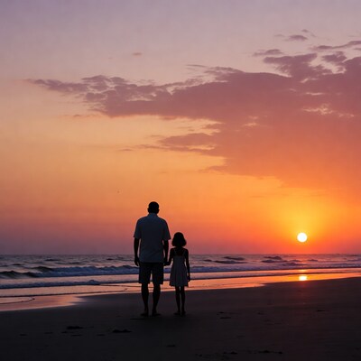 Father and daughter silhouettes at sunset beach