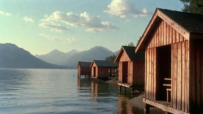 Wooden cabins on lake with mountains