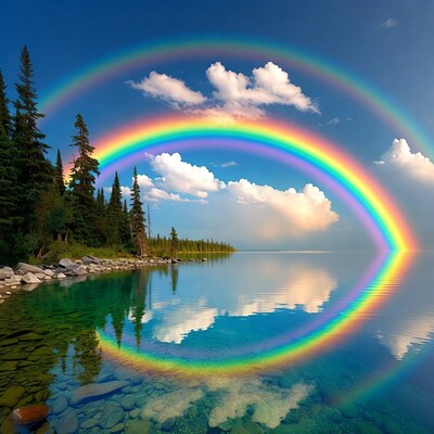 Double Rainbow over Lake and Forest